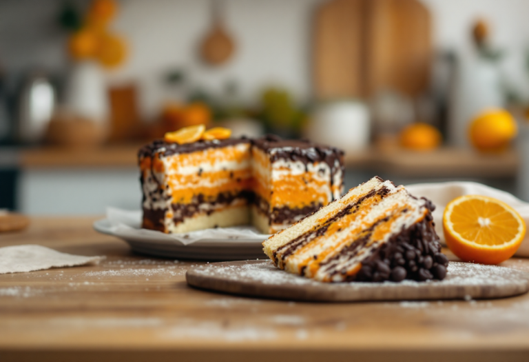 Torta arancia e cioccolato decorata con fette d'arancia