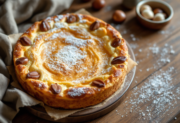 Fetta di torta di castagne e ricotta decorata con noci