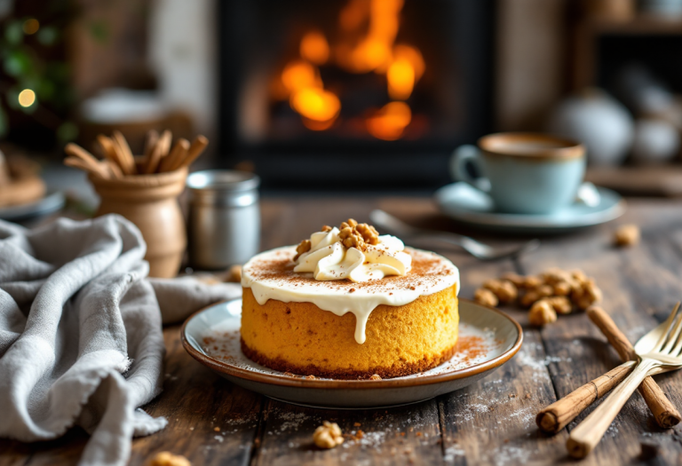 Torta di mascarpone e zucca decorata con noci