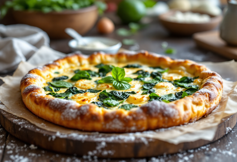 Torta salata con spinaci e ricotta appena sfornata