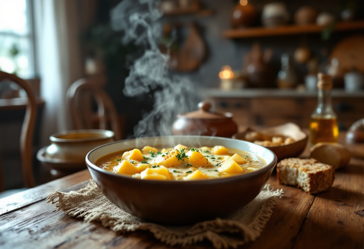 Zuppa valdostana fumante servita in una ciotola