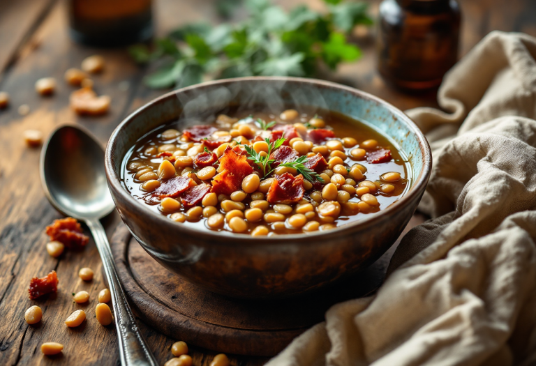 Zuppa calda di lenticchie con pancetta croccante