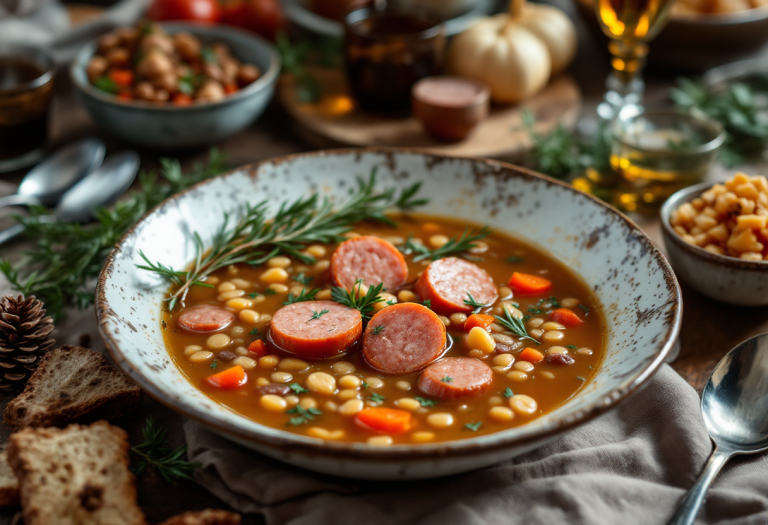 Deliziosa zuppa di lenticchie con salsiccia calda