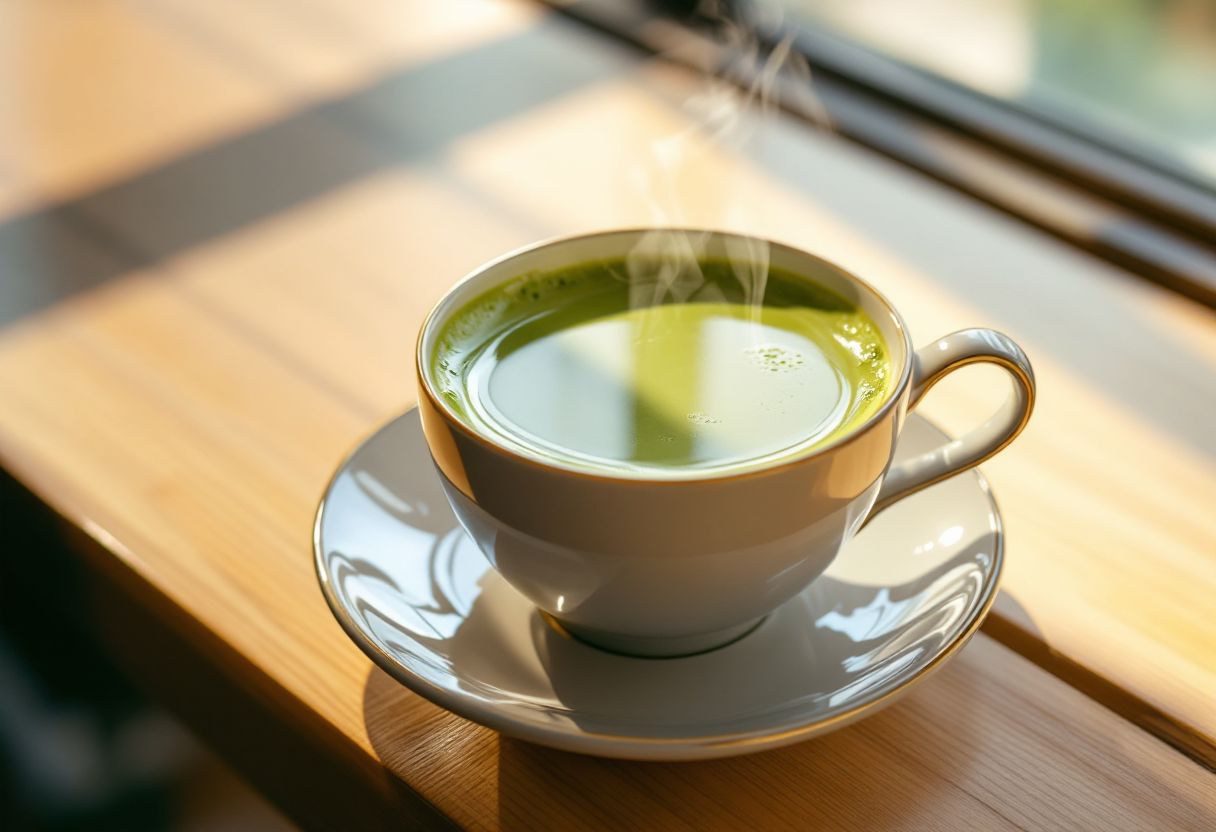 Tazza di tè matcha con polvere verde e foglie fresche