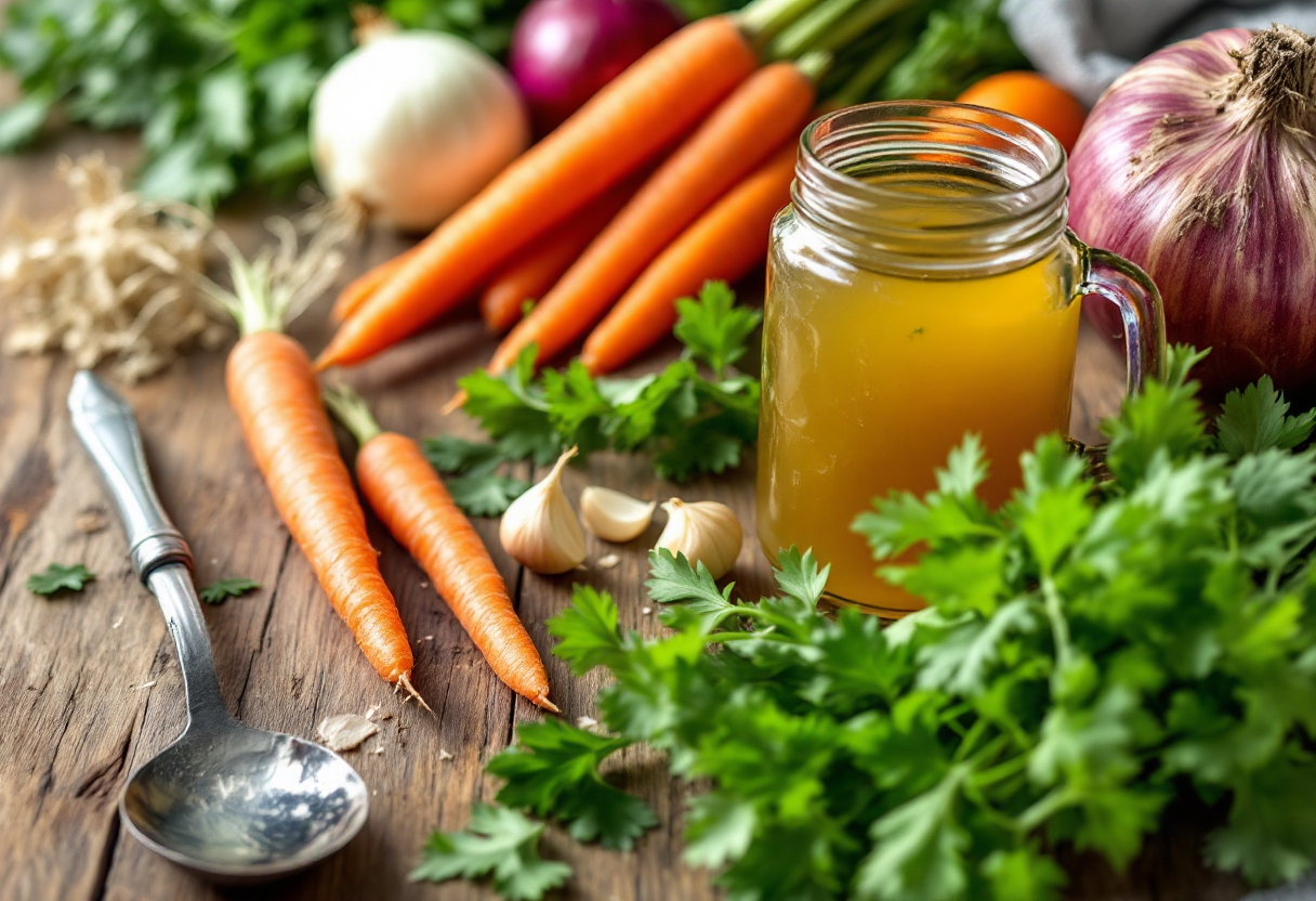 Brodo vegetale preparato con ingredienti freschi e naturali