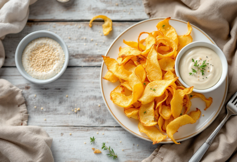 Bucce di patate croccanti servite con salsa cremosa al sesamo