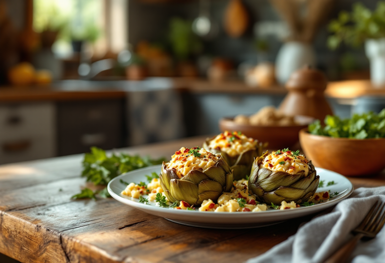 Carciofi ripieni vegan serviti su un piatto