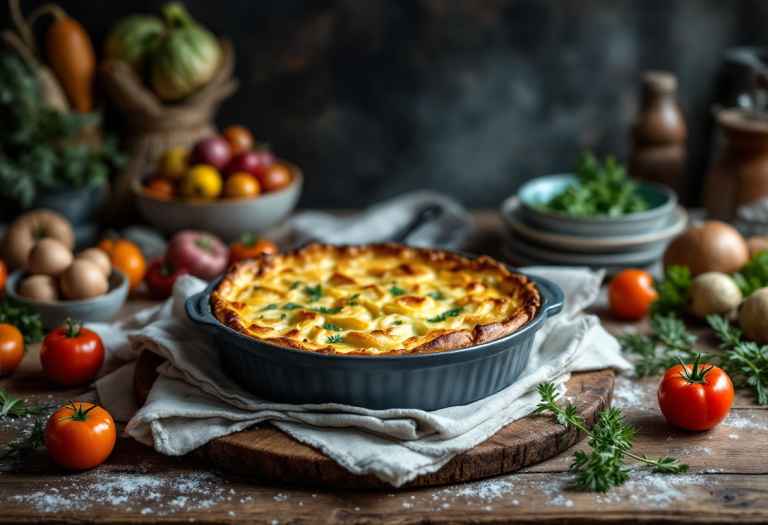 Clafoutis di topinambur gratinato servito in un piatto