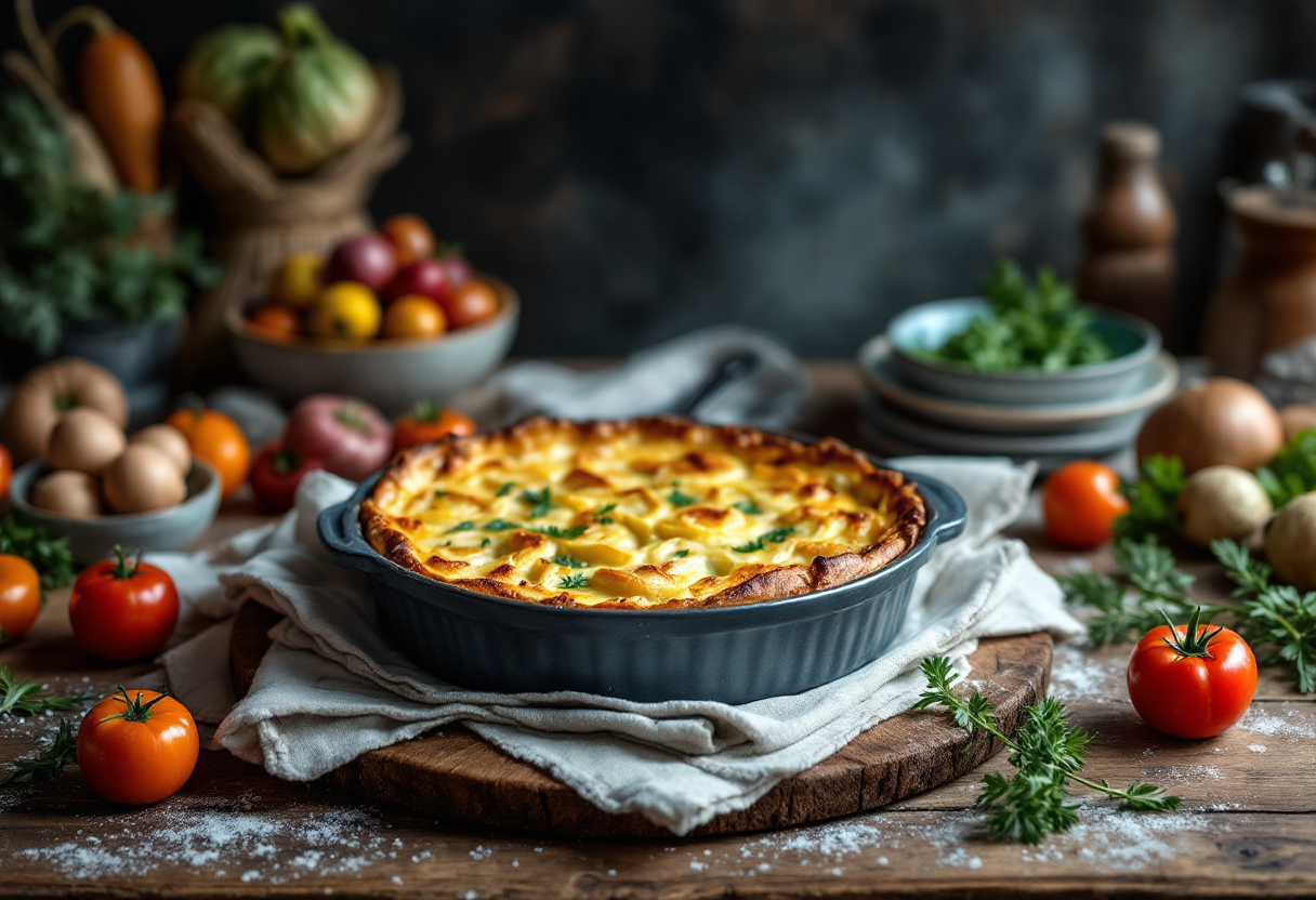 Clafoutis di topinambur gratinato servito in un piatto