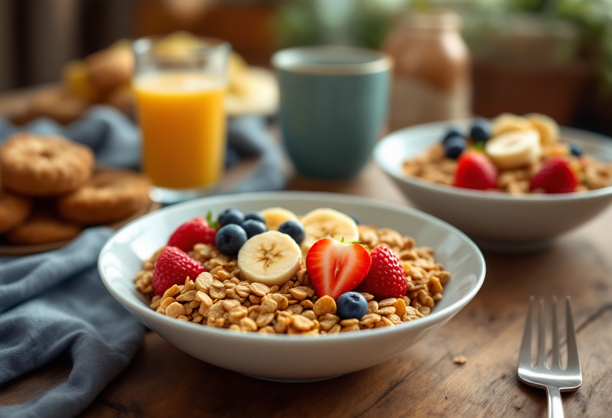 Colazione sana con frutta, cereali e yogurt