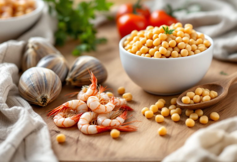 Piatto gourmet di crema di ceci con scampi e vongole