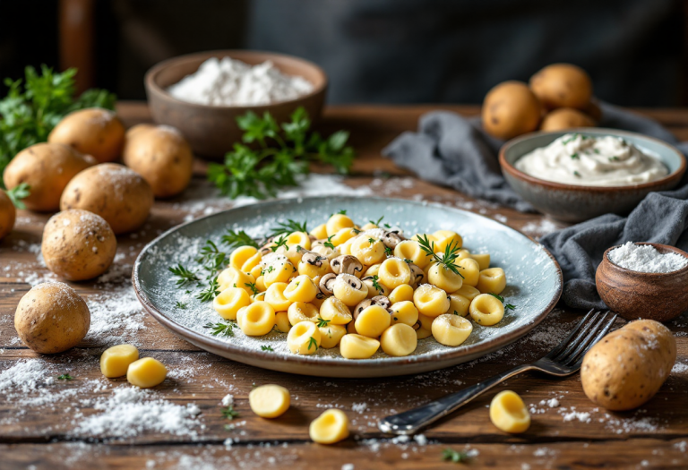 Gnocchi di patate serviti con crema di funghi autunnale