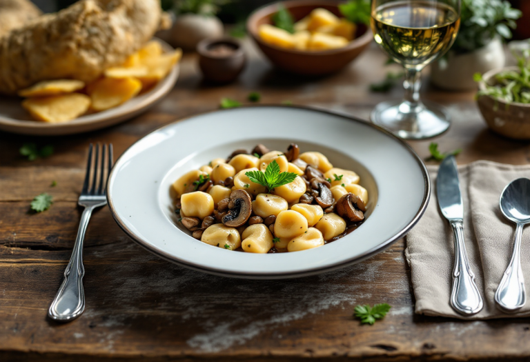 Gnocchi di ricotta serviti con funghi e crema di lenticchie