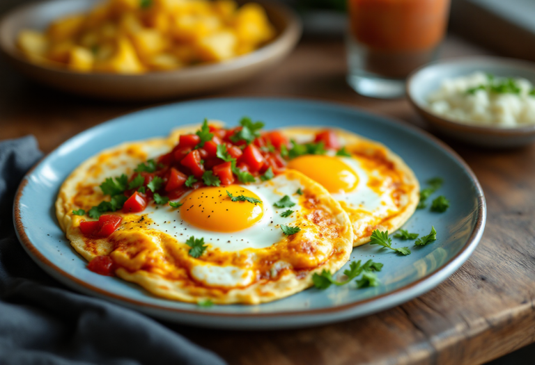 Huevos rancheros serviti con salsa e tortilla