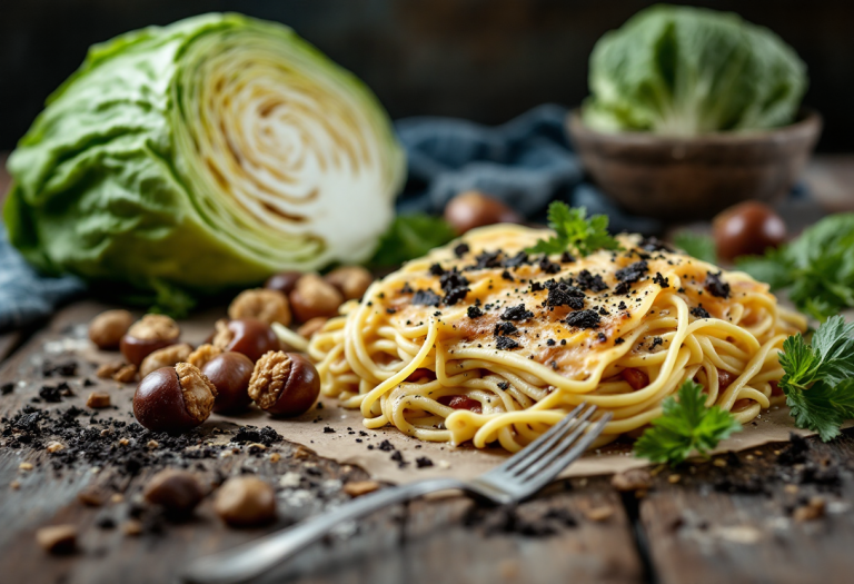 Lasagne con verza, castagne e tartufo nero in un piatto