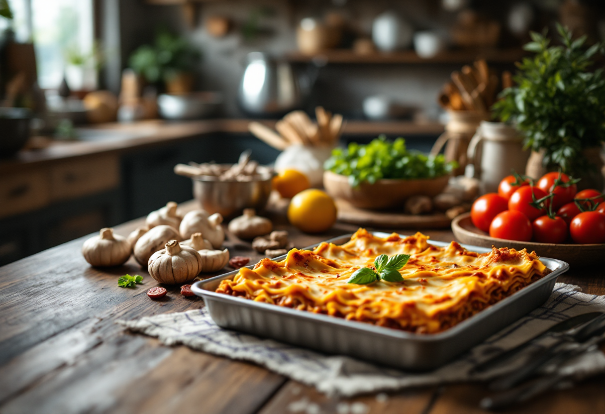 Lasagne con funghi e ragù di carne appena sfornate