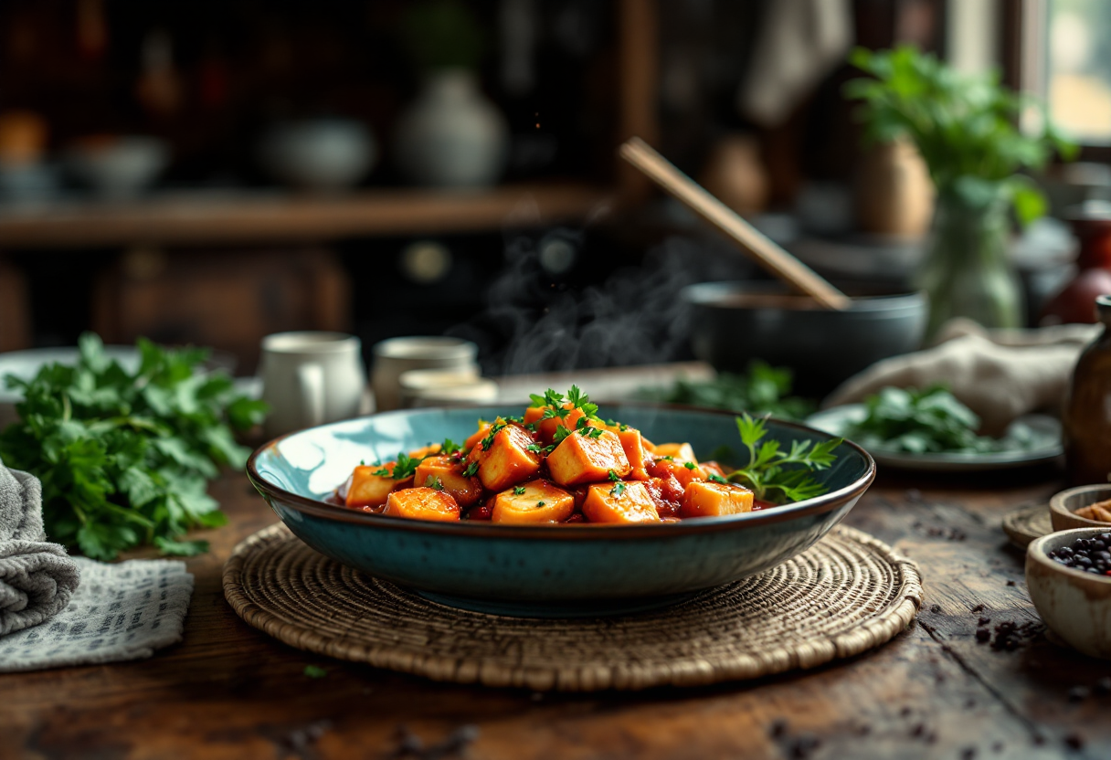 Mapo tofu servito in una ciotola con peperoncini rossi