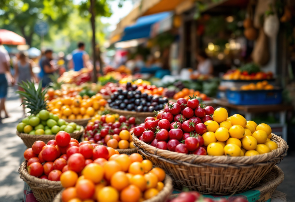 Frutta biologica fresca e colorata in un mercato europeo