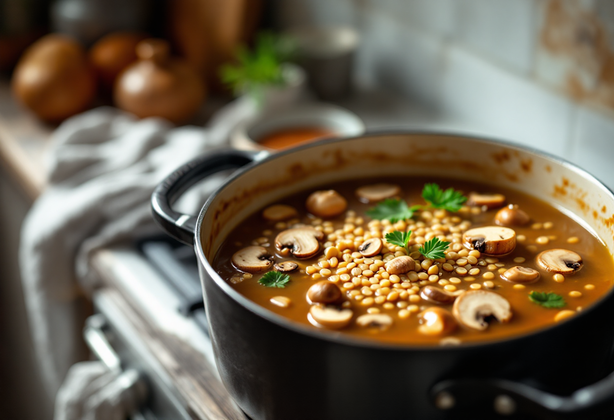 Minestra calda di orzo con funghi porcini freschi