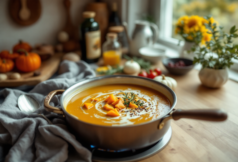 Minestra di zucca servita in una ciotola con crostini