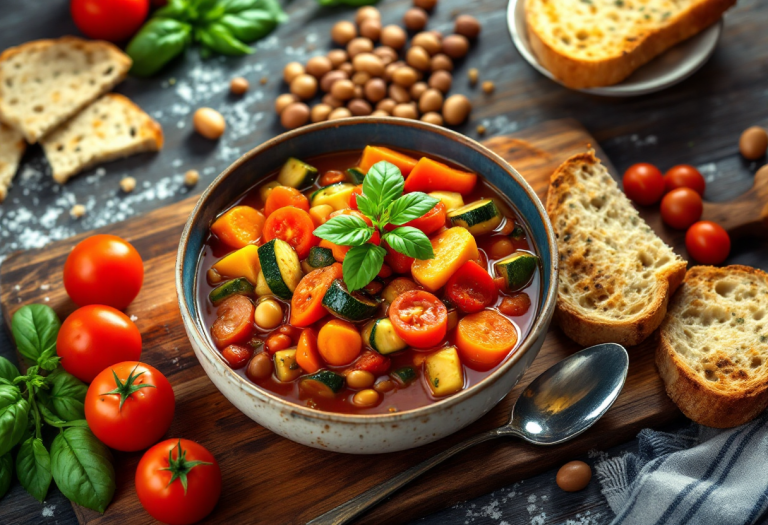 Un piatto di minestrone ricco di verdure fresche e colorate