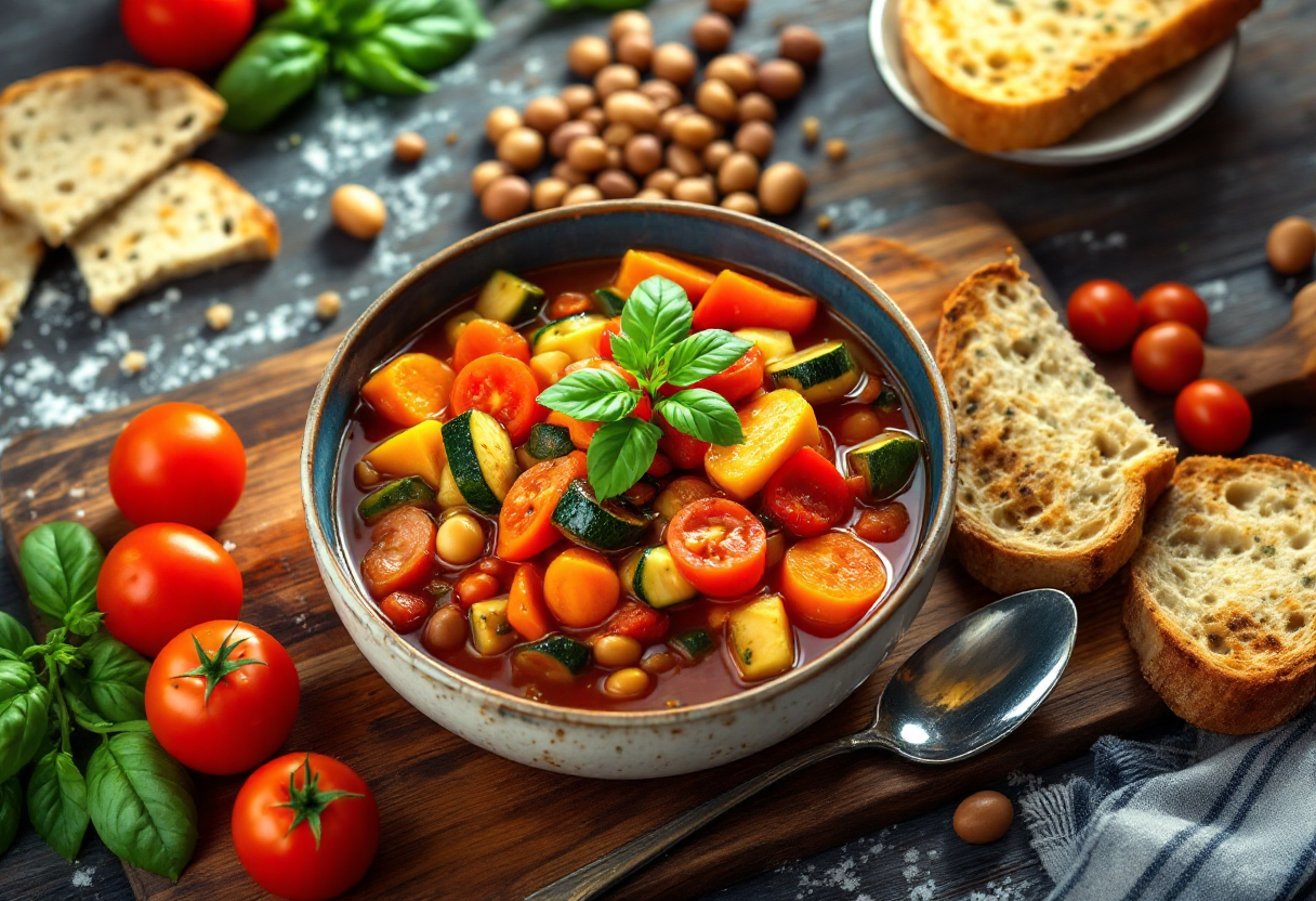 Un piatto di minestrone ricco di verdure fresche e colorate