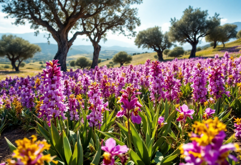 Orchidee e ulivi in un giardino rigoglioso