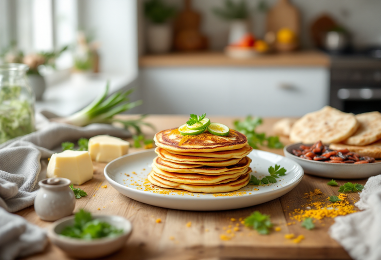 Pancake salati con porro e zafferano serviti in un piatto