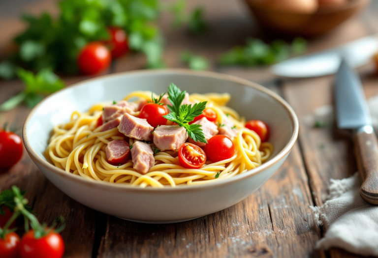 Pasta con tonno e pomodorini freschi in un piatto