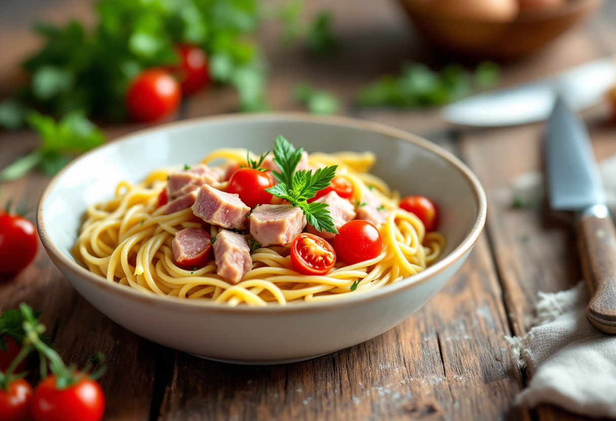 Pasta con tonno e pomodorini freschi in un piatto