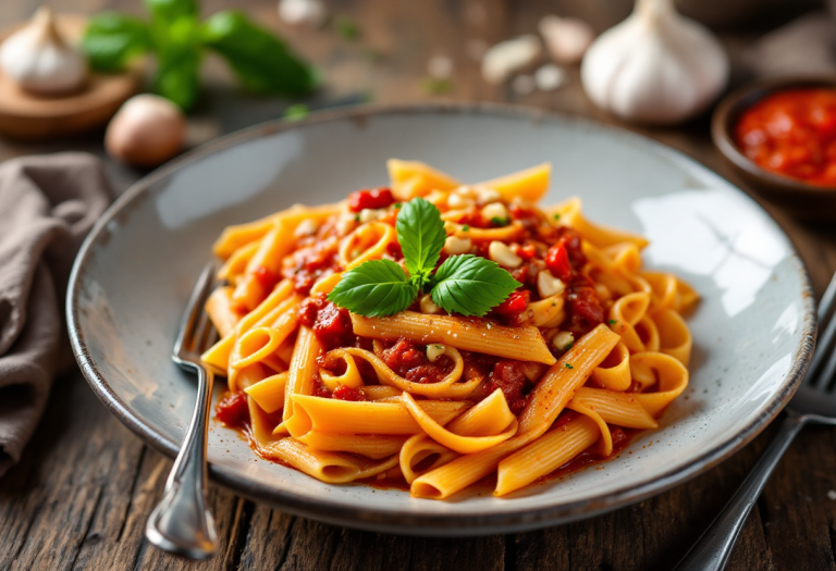 Penne all'arrabbiata servite con peperoncino e pomodoro