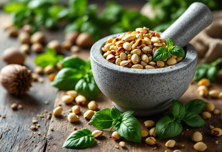 Pesto di pistacchi fresco in un barattolo con ingredienti