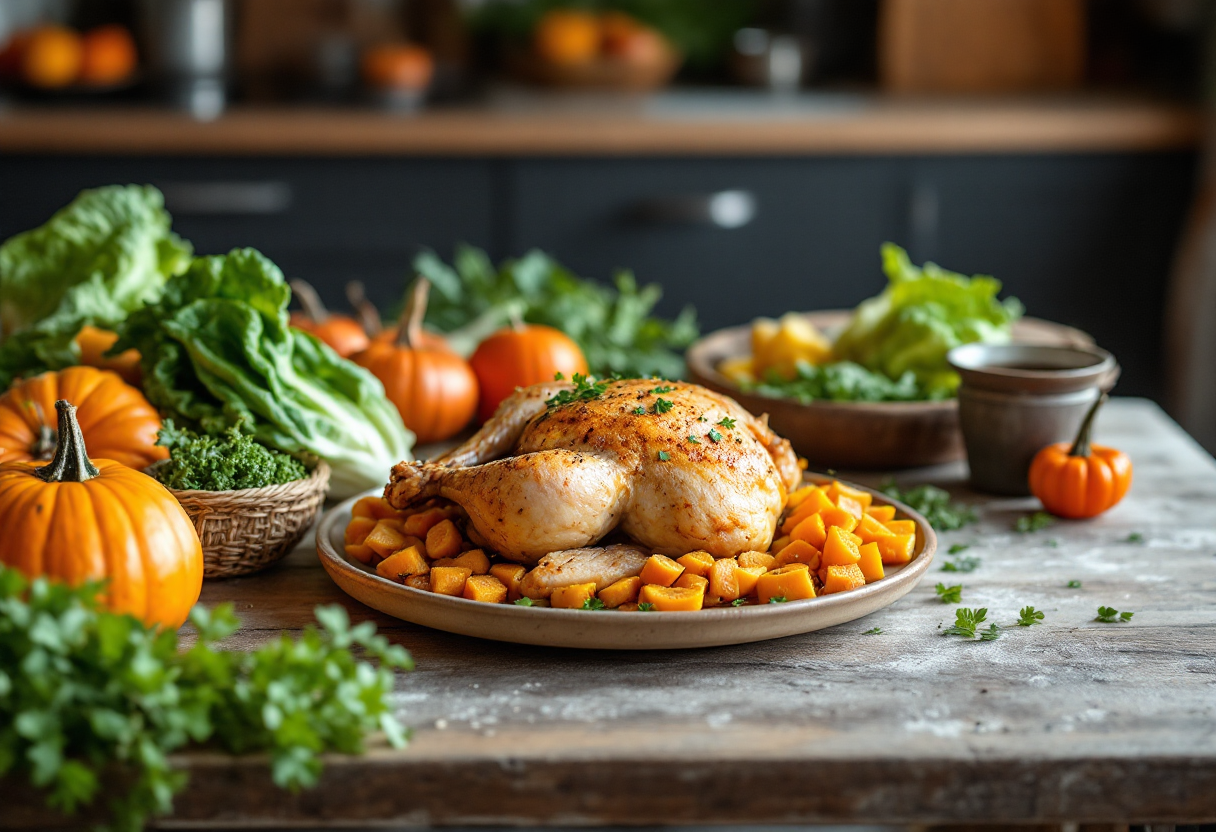 Piatto di pollo croccante con zucca e radicchio