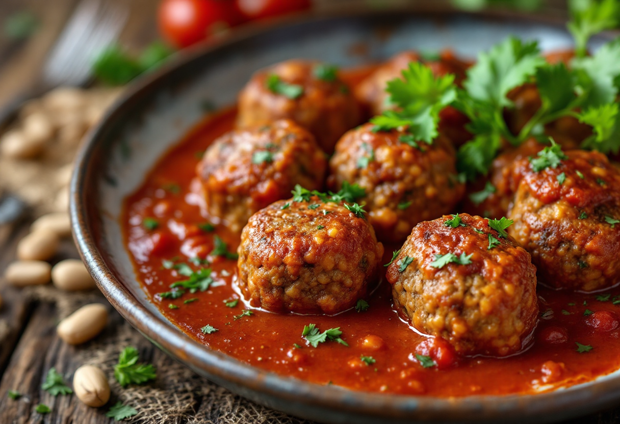 Polpette di lenticchie servite con sugo rosso