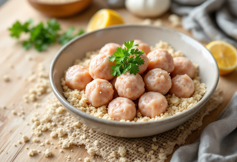 Polpette di platessa servite con contorni freschi