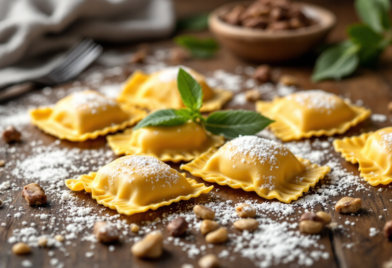 Ravioli di cinghiale serviti con burro e salvia