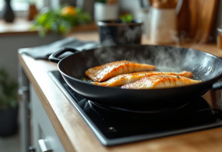 Delizioso piatto di pesce cucinato in padella