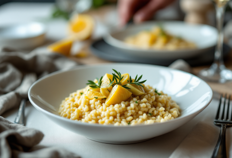 Risotto cremoso ai carciofi e limone servito in un piatto