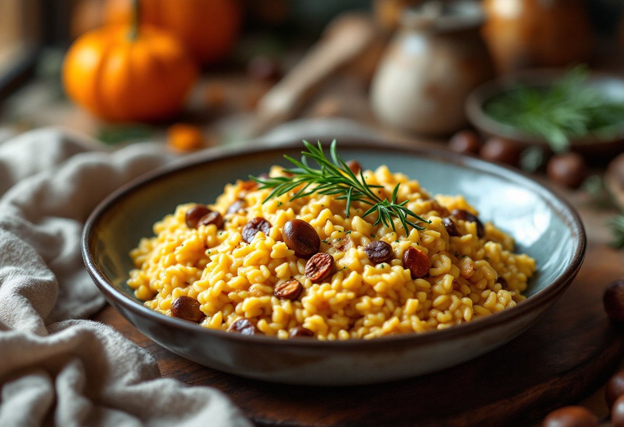 Risotto con zucca, castagne e rosmarino in un piatto