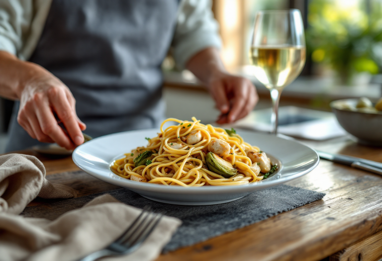 Piatto di spaghetti con seppie e carciofi freschi