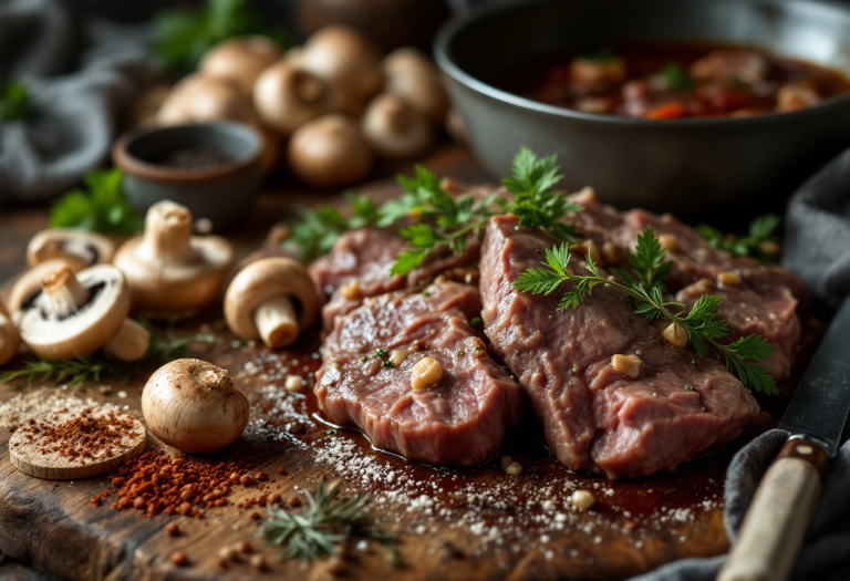 Delizioso spezzatino di manzo con funghi champignon