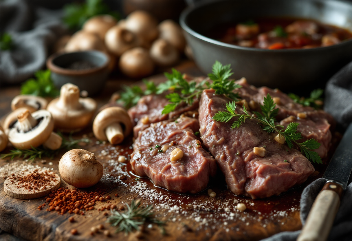 Delizioso spezzatino di manzo con funghi champignon