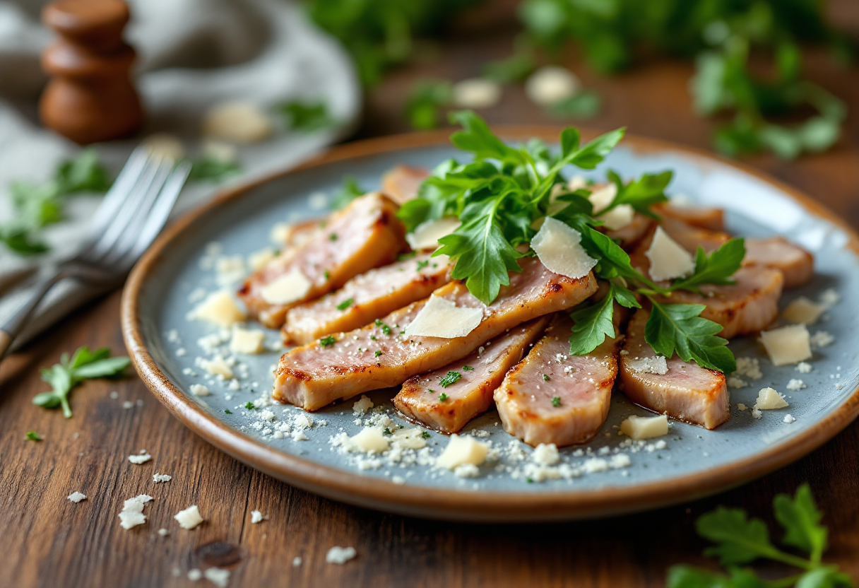 Straccetti di vitello serviti con rucola e scaglie di grana