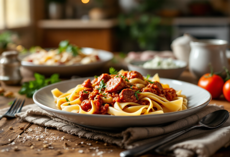 Tagliatelle al ragù servite in un piatto tipico laziale