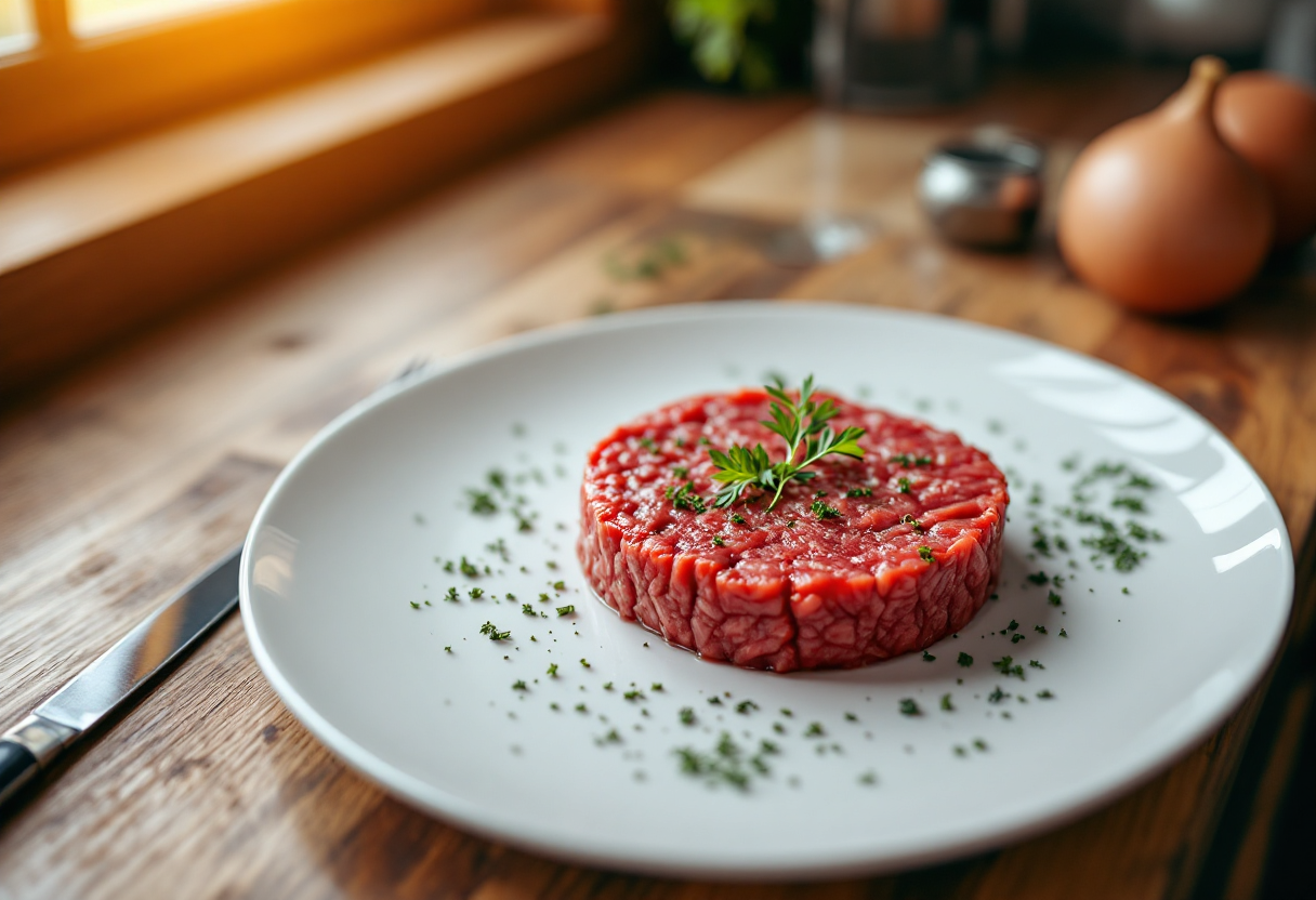 Tartara di carne servita con contorni freschi