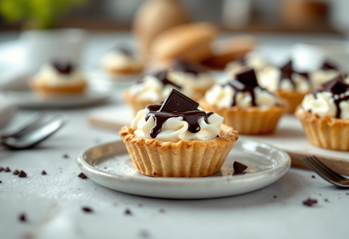 Tartellette dolci con crema chantilly e cioccolato fondente