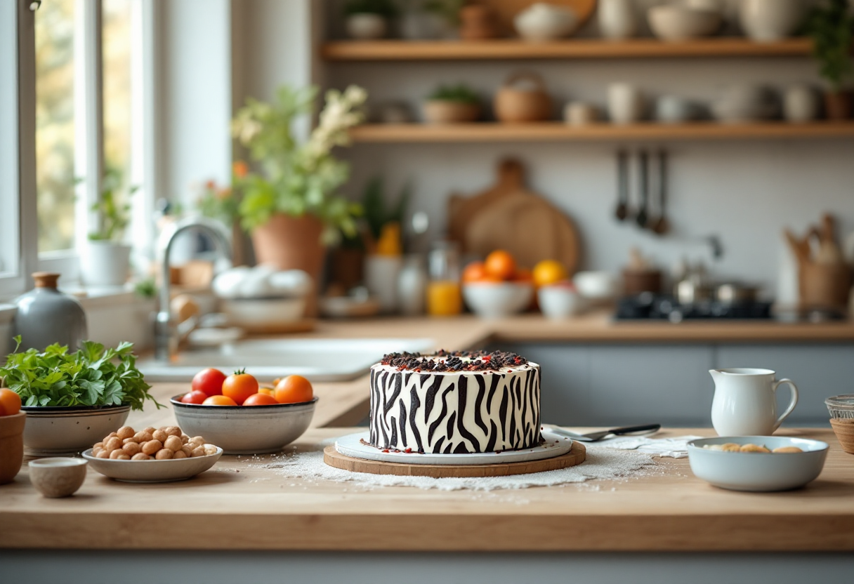 Fetta di torta zebrata con strisce di cioccolato e vaniglia