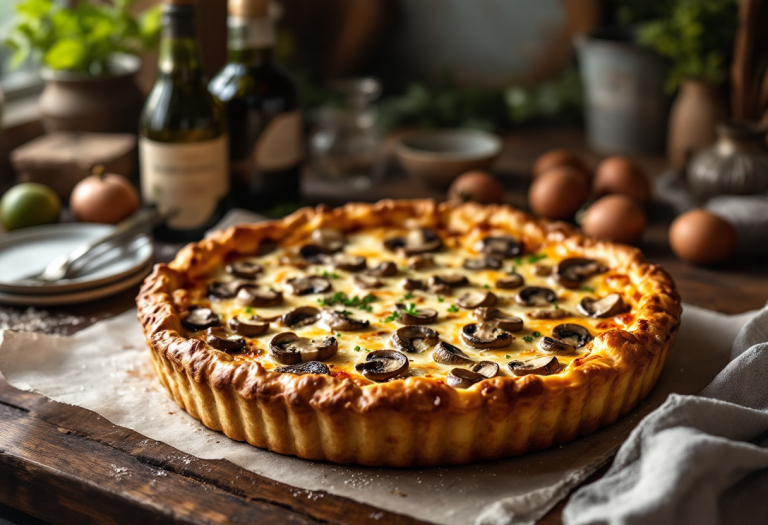 Torta di funghi e formaggio appena sfornata