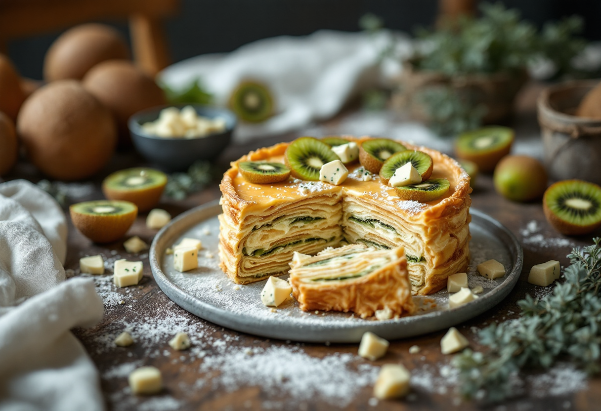 Torta millefoglie con gorgonzola e kiwi decorata