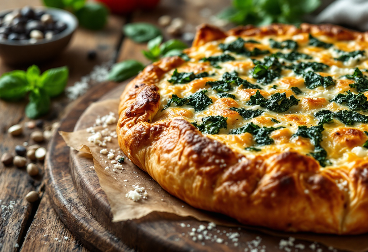 Torta rustica di spinaci e feta su un tavolo